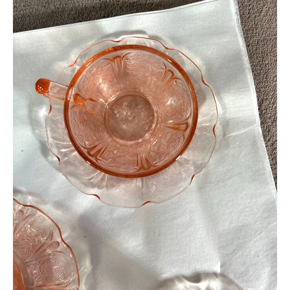 Jeannette Pink Cherry Blossom Depression Glass Cups Saucers 10 Pc Set VTG